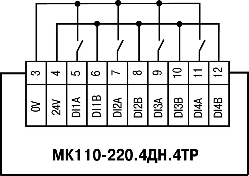 Схема підмикання до МК110-220.4ДН.4ТР дискретних датчиків з виходом типу «сухий контакт»