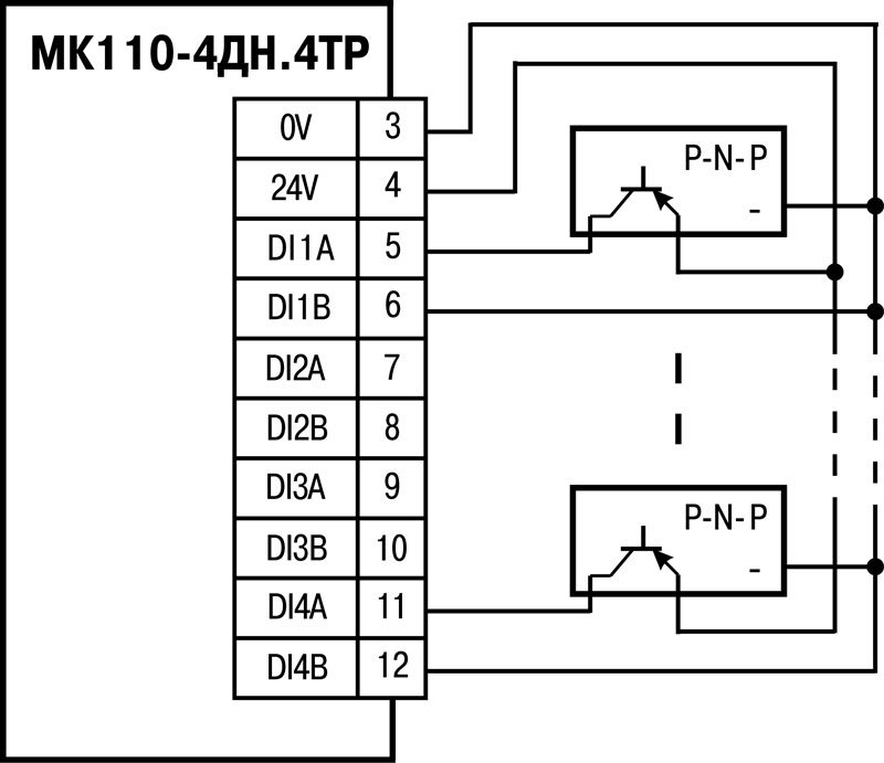 Схема підмикання до МК110-220.4ДН.4ТР дискретних датчиків з транзисторним виходом p-n-p-типу