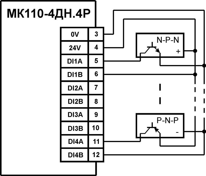 Схема підмикання до МК110-220.4ДН.4ТР дискретних датчиків з транзисторним виходом p-n-p-типу та n-p-n-типу з ОК (приклад)