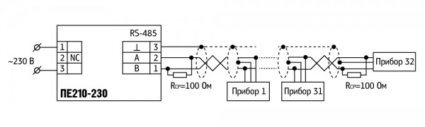 Схема подключения ПЕ210 с номинальным напряжением питания 230 В переменного тока