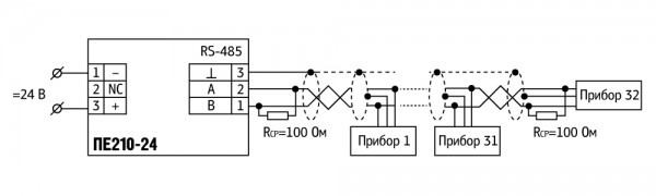 Схема подключения ПЕ210 с номинальным напряжением питания 24 В переменного тока