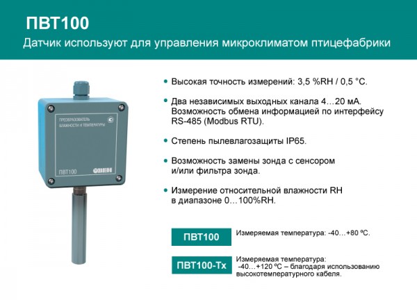 ОВЕН ПВТ100 осуществляет непрерывный мониторинг влажности воздуха в птичнике