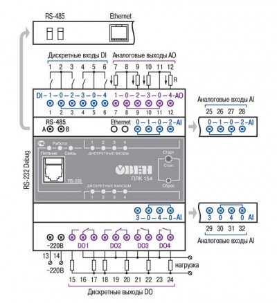 Схема подключения датчиков к дискретным входам ПЛК154