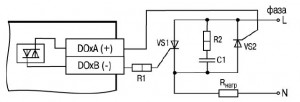 Схема подключения нагрузки к ВЭ типа «С» двух тиристоров, подключенных встречно-параллельно