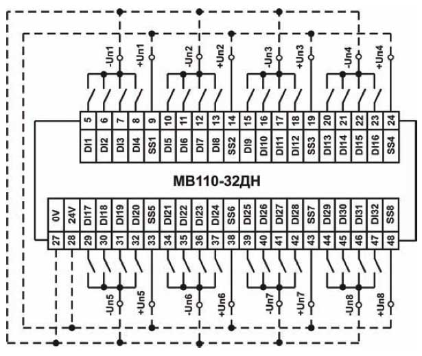 Схема подключения к МВ110-32ДН дискретных датчиков с выходом типа «сухой контакт»