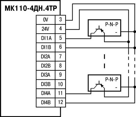 Схема підмикання до МК110-220.4ДН.4ТР дискретних датчиків з транзисторним виходом p-n-p-типу